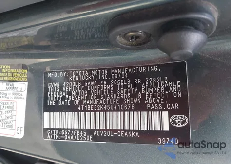 2005 Toyota Camry Le из США, поврежденный, VIN 4T1BE32K45U410676